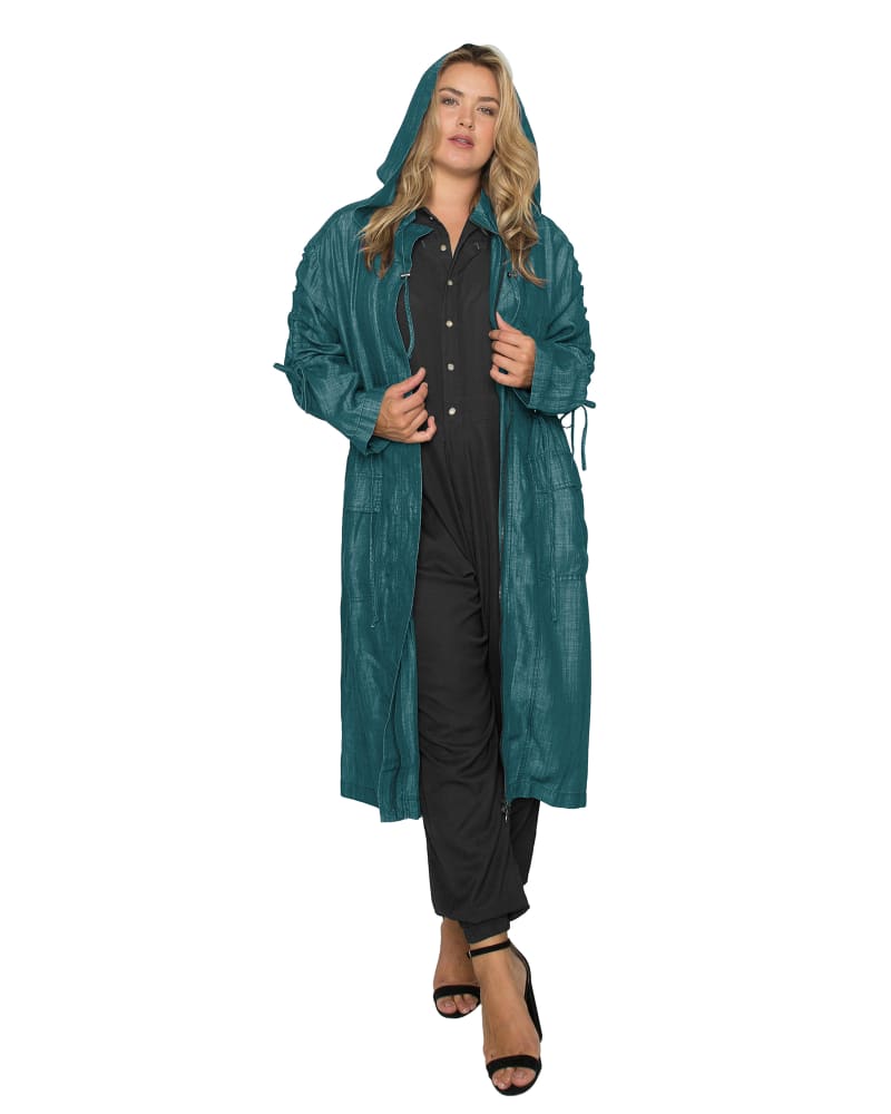 Front of a model wearing a size 1X Harlow Hooded Long Anorak Jacket in Forest Green by Standards & Practices. | dia_product_style_image_id:276300